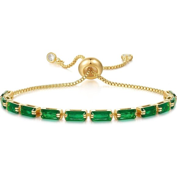 Adjustable Tennis Bracelet 14K Gold Plated Cubic Zirconia Bracelet Emerald Gift - Picture 3 of 6